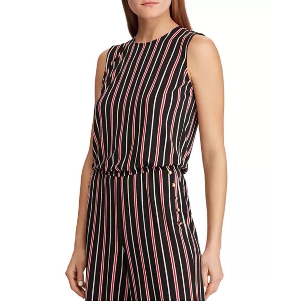 NWT Ralph Lauren Striped Wide-Leg Jumpsuit Black Red White Gold Hardware Size XL - Picture 2 of 10